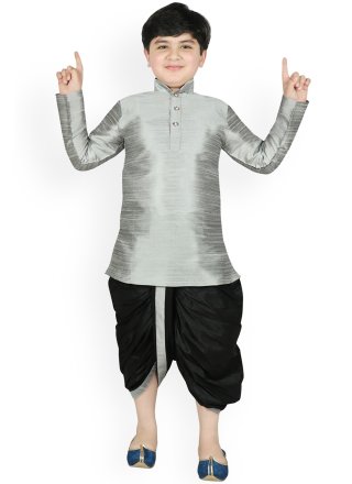 Plain Work Dupion Silk Dhoti Kurta In Grey