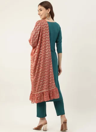 Plain Work Faux Crepe Salwar Suit In Teal for Casual