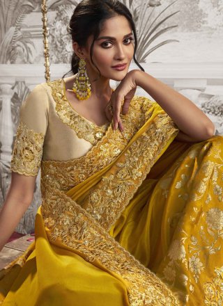 Pleasance Mustard Fancy Fabric Designer Sari with Embroidered Work