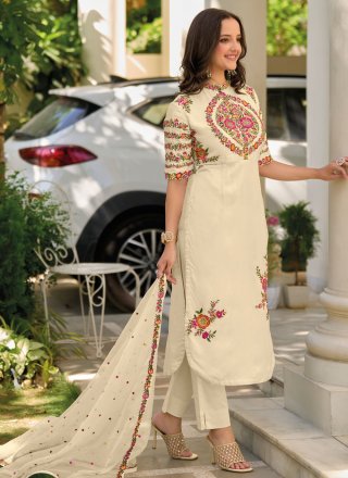 Pleasing Cream Silk Readymade Salwar Suit with Embroidered Work