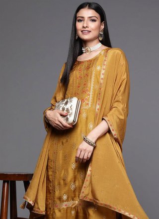 Pleasing Mustard Viscose Salwar Suit with Jacquard and Woven Work