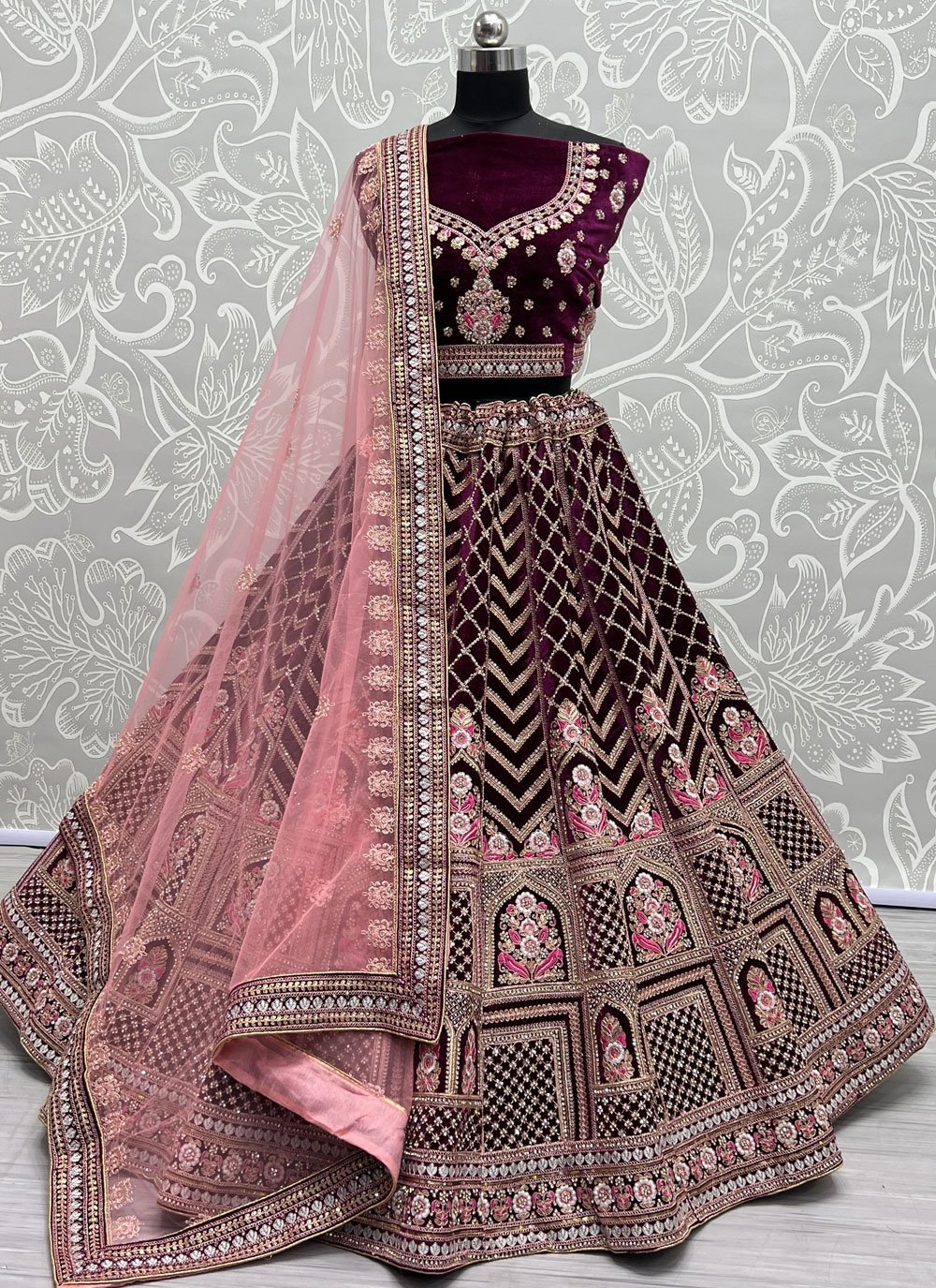 Pleasing Purple Velvet Lehenga Choli with Dori, Embroidered and Thread Work