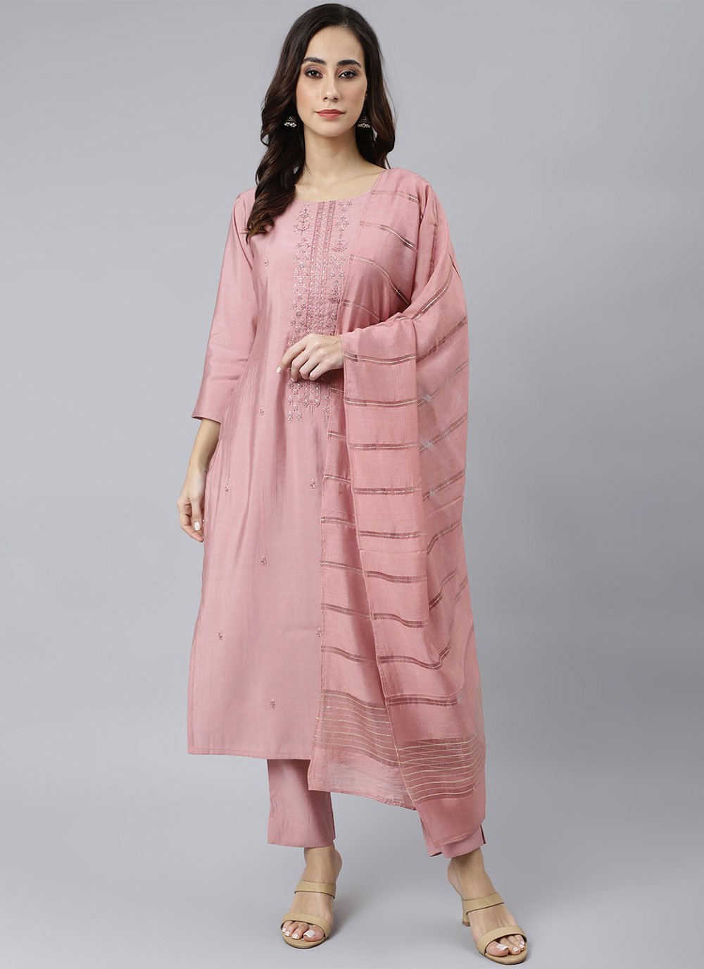 Poly Silk Pink Readymade Salwar Suit