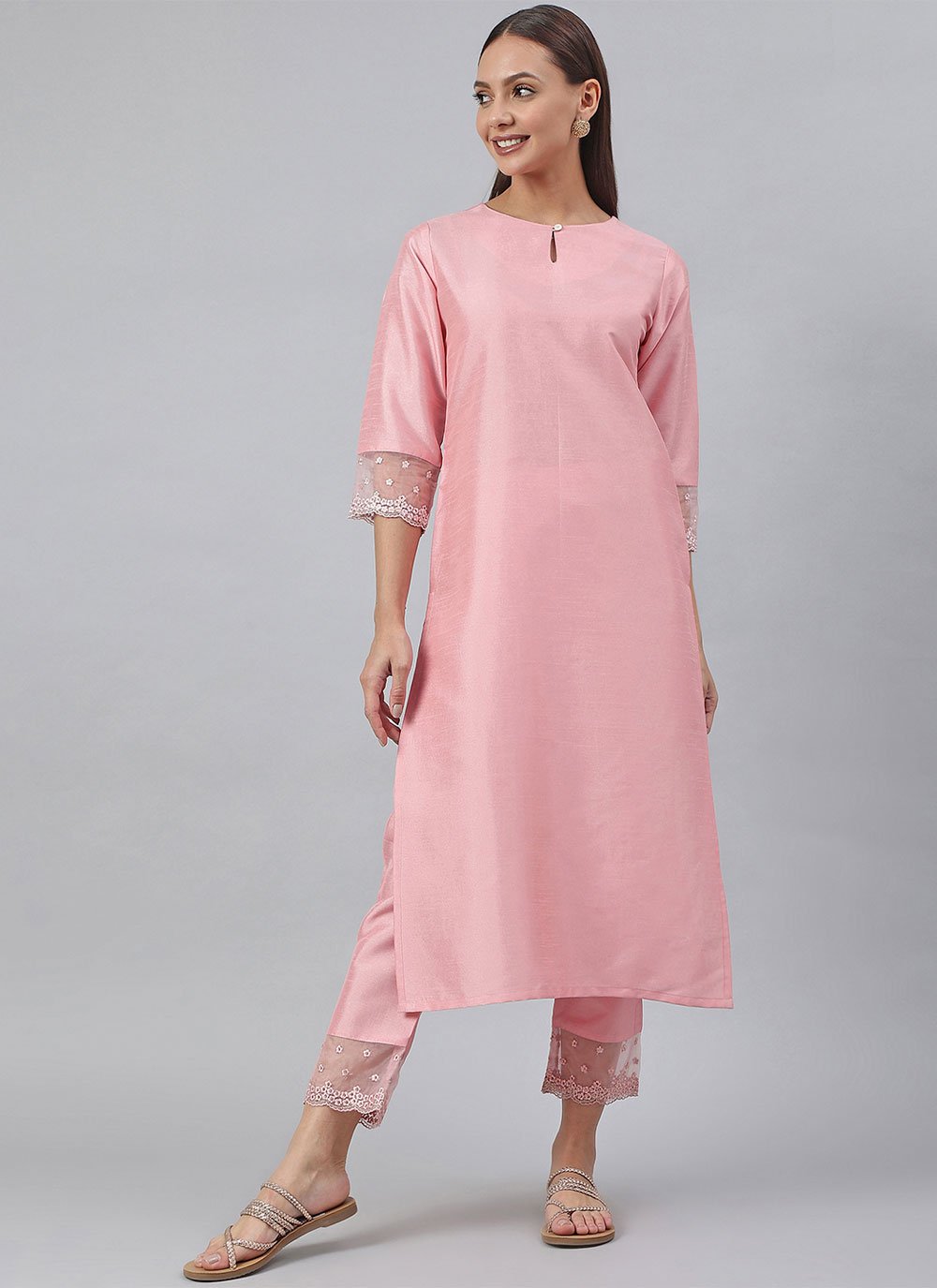 Poly Silk Rose Pink Readymade Salwar Kameez