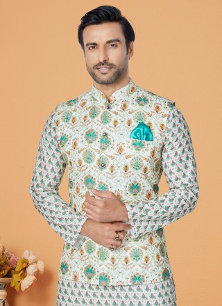 Polyester Multi Colour and Off White Embroidered Kurta Payjama With Jacket