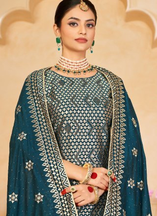 Pretty Teal Vichitra Silk Salwar Suit