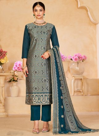 Pretty Teal Vichitra Silk Salwar Suit