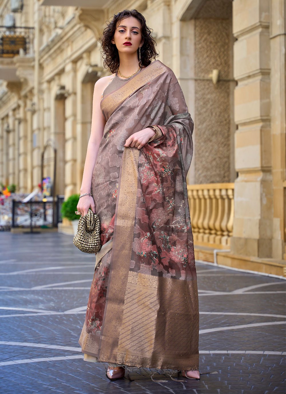 Print and Weaving Work Brasso Classic Sari In Brown for Festival