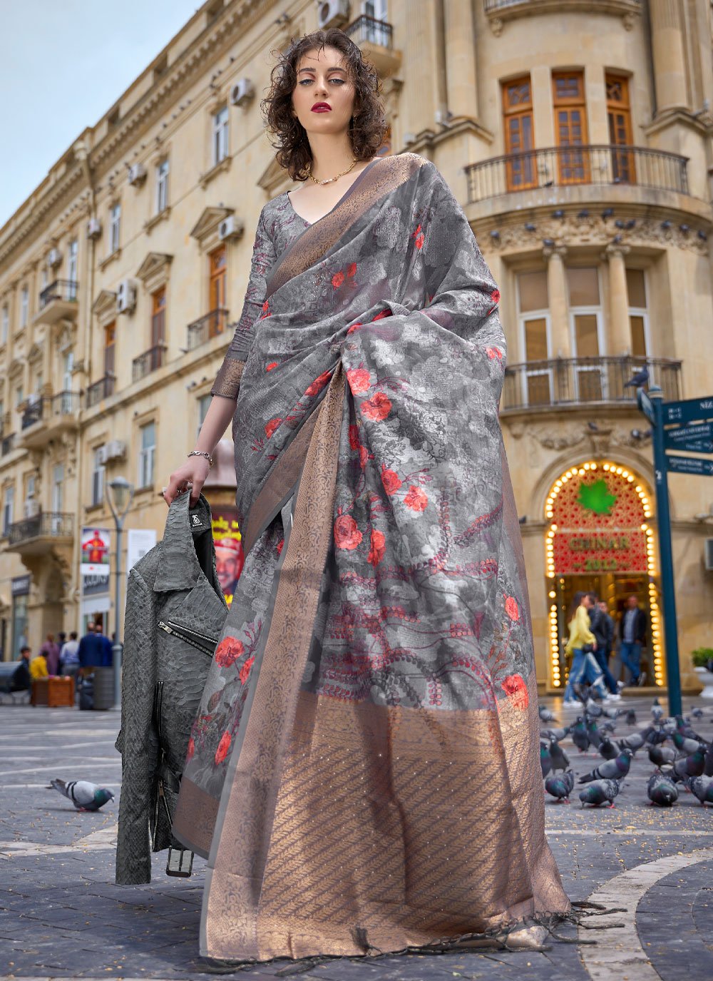 Print and Weaving Work Brasso Classic Sari In Grey