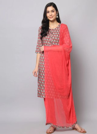 Print Work Cotton Readymade Salwar Suit In Multi Colour