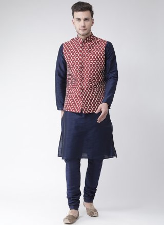 Print Work Dupion Silk Kurta Payjama with Jacket In Maroon and Blue for Festival
