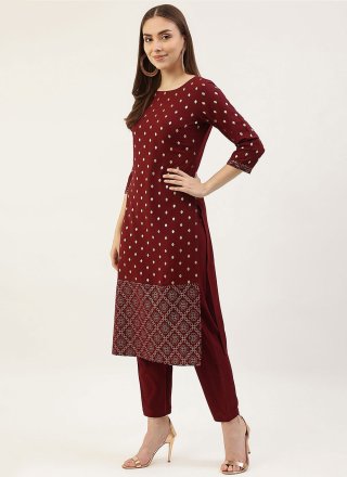 Print Work Faux Crepe Pant Style Suit In Maroon