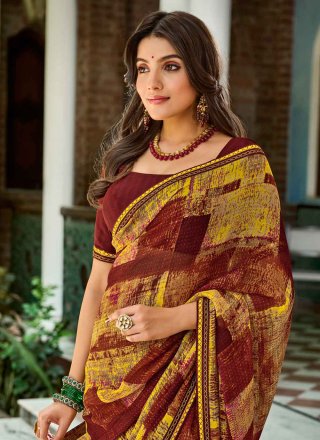 Print Work Georgette Classic Sari In Multi Colour for Ceremonial