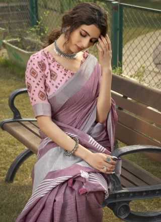 Pink Linen Print Work Contemporary Saree for Women
