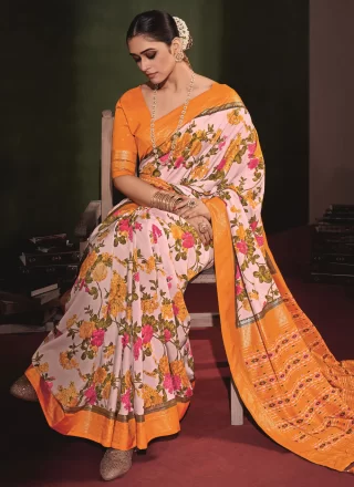 Print Work Tussar Silk Casual Saree In Off White and Yellow for Casual