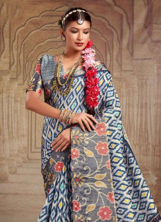 Print Work Tussar Silk Classic Sari In Multi Colour