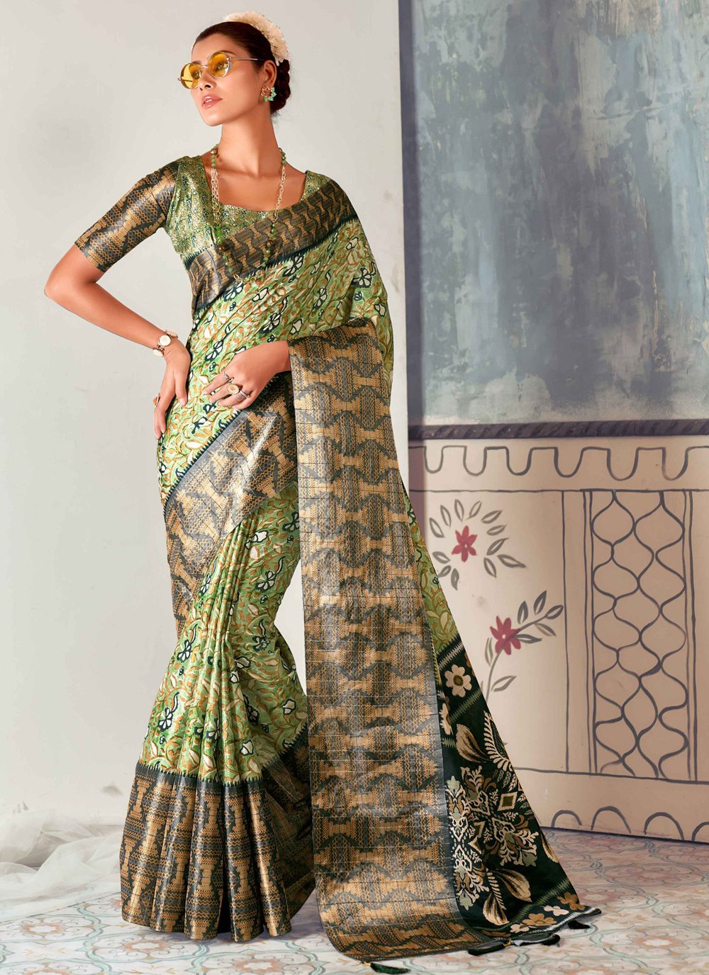Green Tussar Silk Contemporary Saree with Print Work for Women