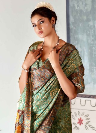 Green Tussar Silk Print Work Casual Saree for Festival