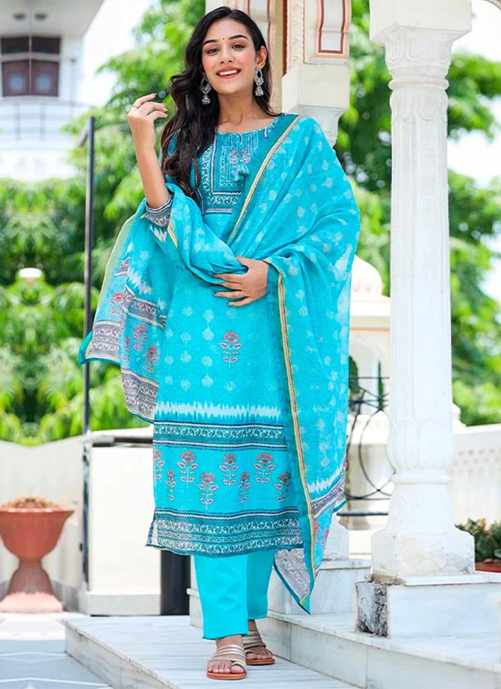 Teal Blue Thread and Sequins work Straight Cut Salwar Suit – Seasons Chennai