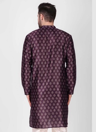 Printed Art Silk Kurta Pyjama in Purple