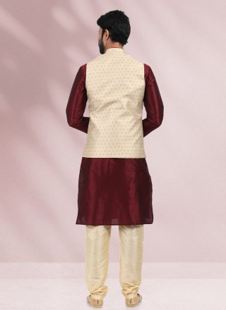 Printed Banarasi Silk Kurta Payjama With Jacket in Beige and Maroon