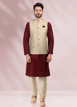 Printed Banarasi Silk Kurta Payjama With Jacket in Beige and Maroon