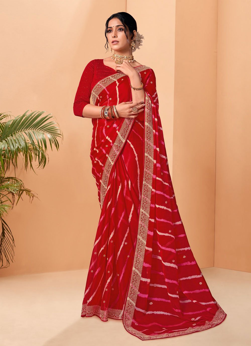 Multicolor embroidered chiffon saree with blouse - MANOHARI - 3666159