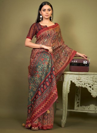 Vishal Prints Hot Pink Printed Georgette Saree With Border