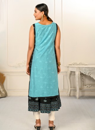 Printed Cotton Party Wear Kurti In Navy Blue