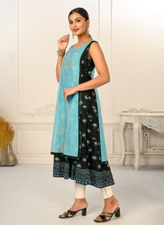 Printed Cotton Party Wear Kurti In Navy Blue
