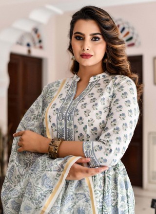Printed Cotton Readymade Salwar Kameez in Off White
