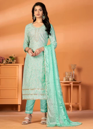 Printed Cotton Sea Green Straight Suit
