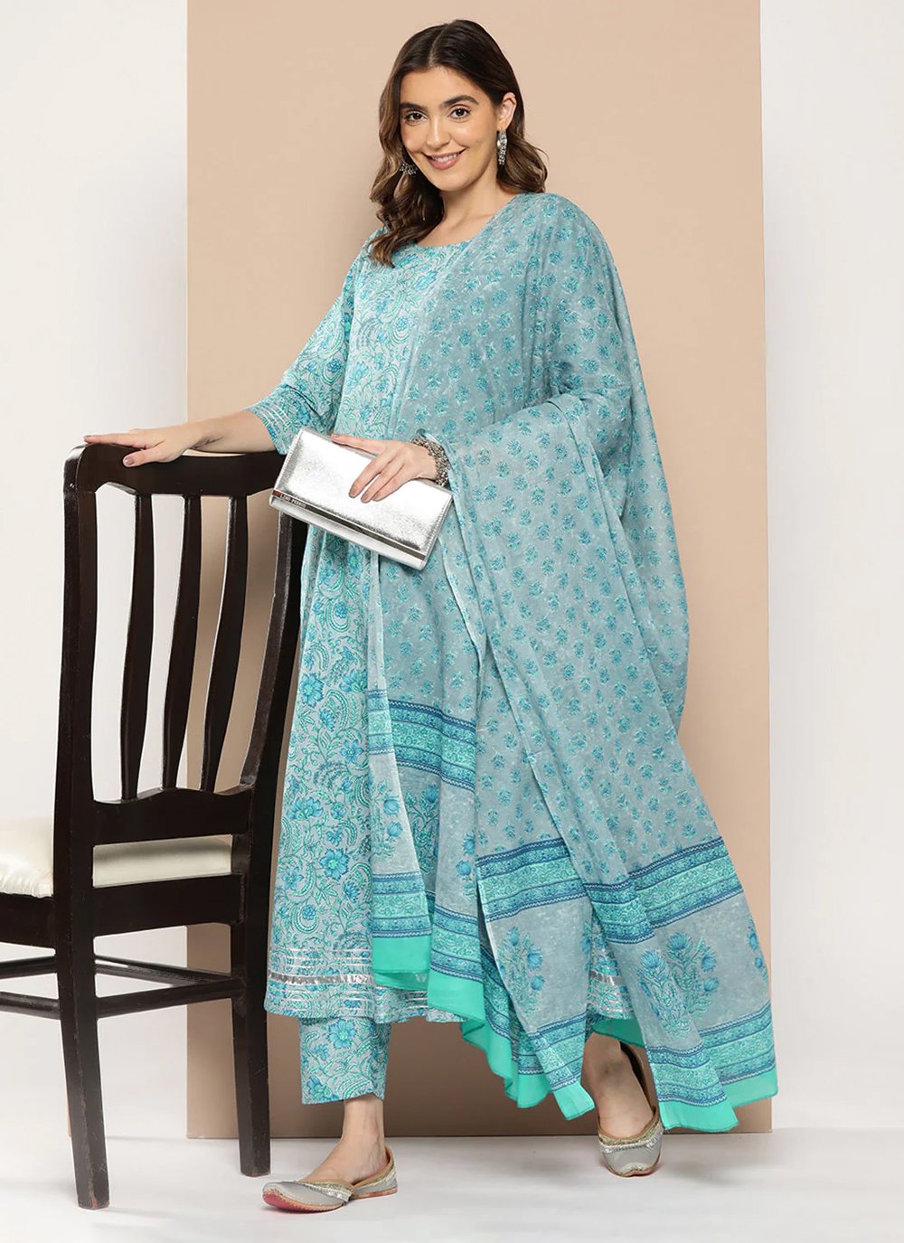 Printed Cotton Straight Salwar Suit in Aqua Blue
