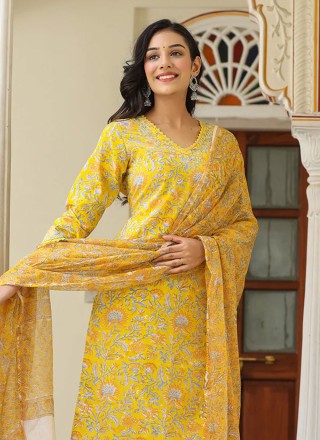 Printed Cotton Yellow Trendy Salwar Kameez