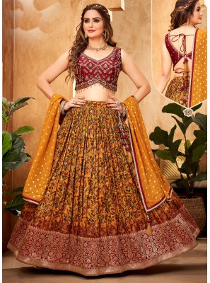Printed Georgette Mustard A Line Lehenga Choli