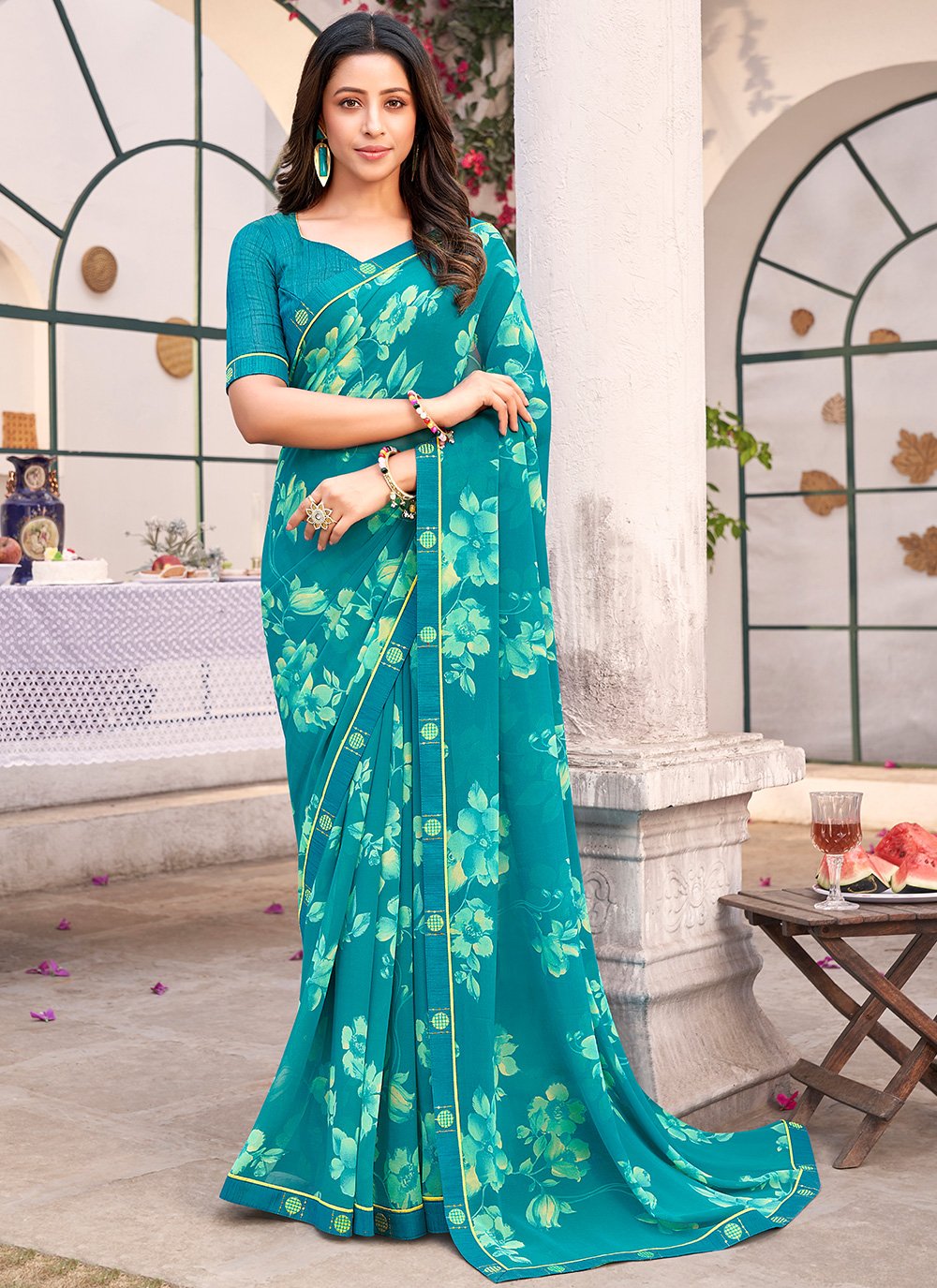 Printed Georgette Turquoise Classic Saree