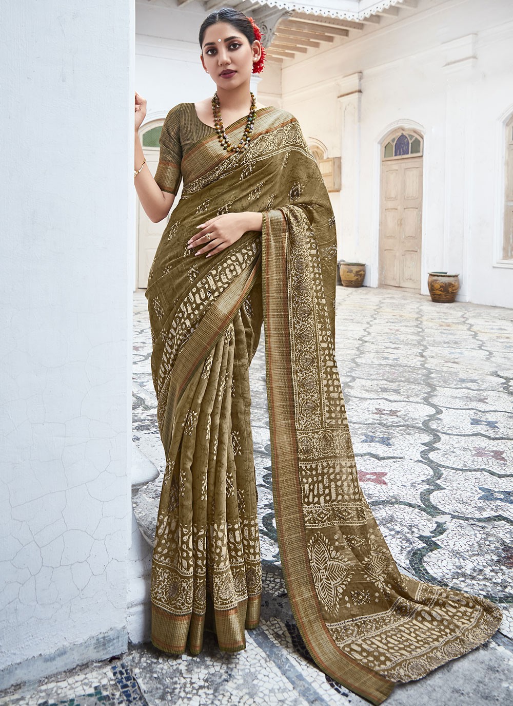 Cotton Silk Saree Golden multi peacock weaving border contrast blouse