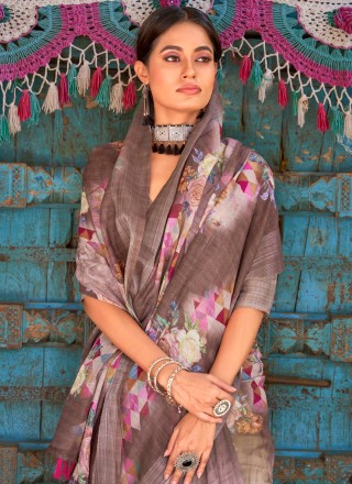 Printed Linen Purple Classic Designer Saree