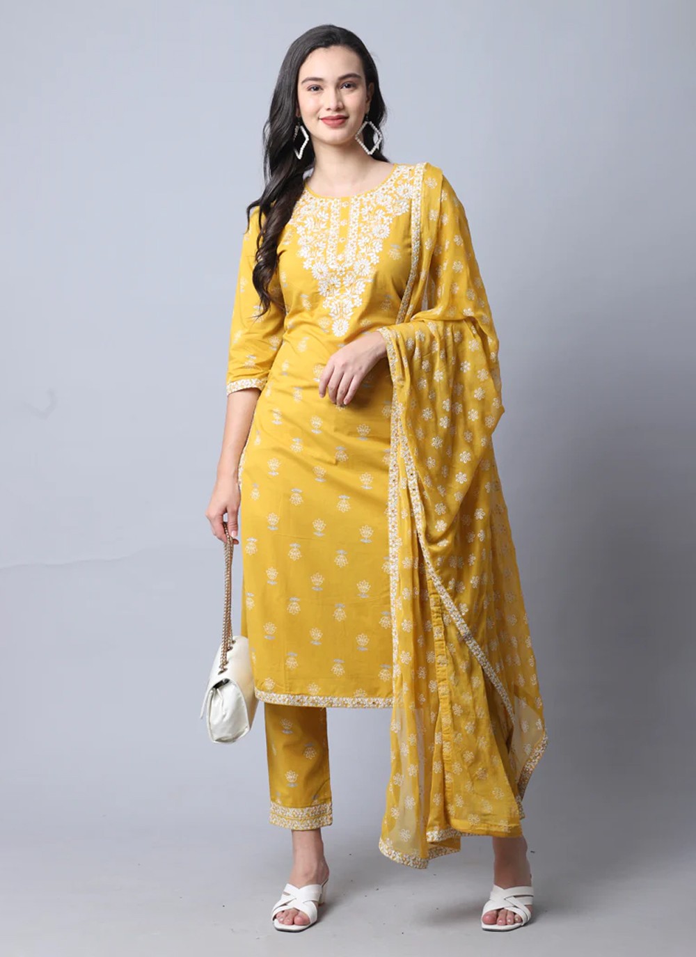 Buy Printed Mustard Cotton Pant Style Suit Online : 267052