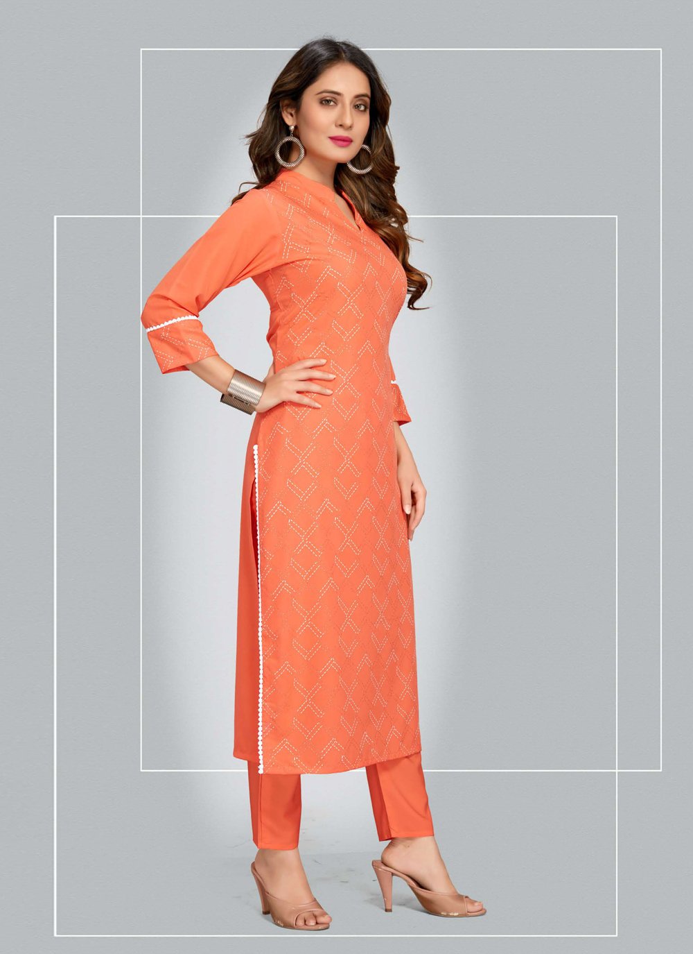 Buy Online Printed Orange Blended Cotton Pant Style Suit 253144
