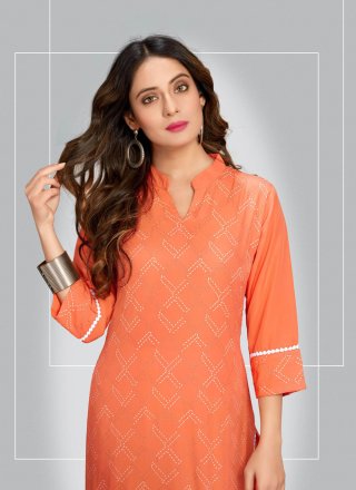 Printed Orange Blended Cotton Pant Style Suit