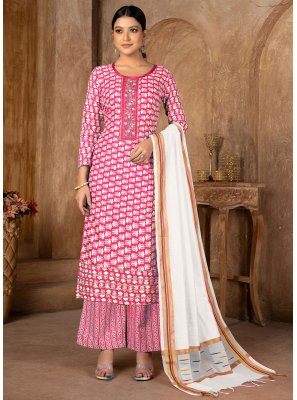 Printed Pink Cotton Palazzo Salwar Suit