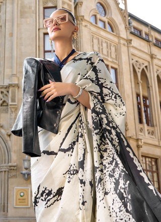 Printed Satin Trendy Saree in Black and Off White