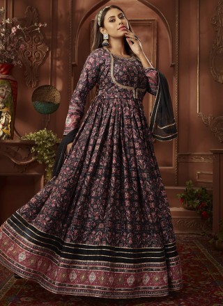 Printed Silk Black Readymade Gown