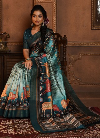 Printed Tussar Silk Designer Saree