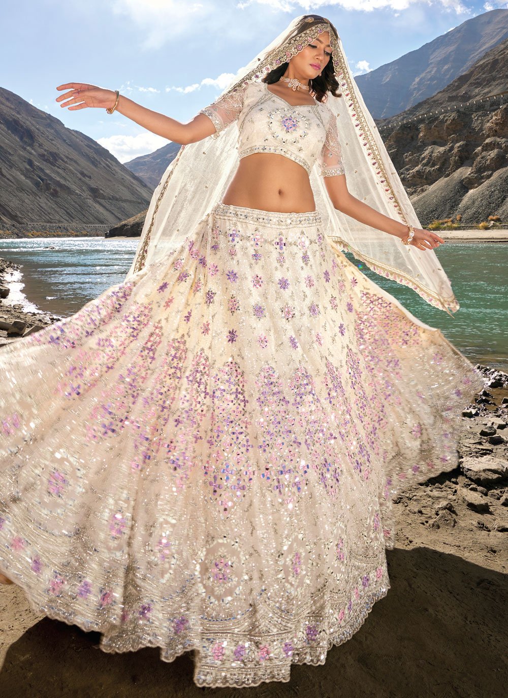 Off-white silk Banarasi Mirror work Lehenga: Bridal Reception Outfit | Mirror  work lehenga, Indian wedding outfits, Desi fashion casual