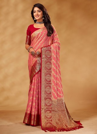 Pure Georgette Rose Pink Weaving Designer Saree