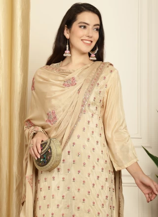 Pure Silk Beige Embroidered Trendy Salwar Suit