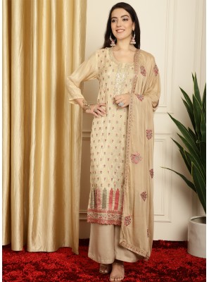 Pure Silk Beige Embroidered Trendy Salwar Suit
