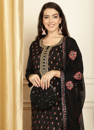 Pure Silk Embroidered Black Designer Salwar Suit